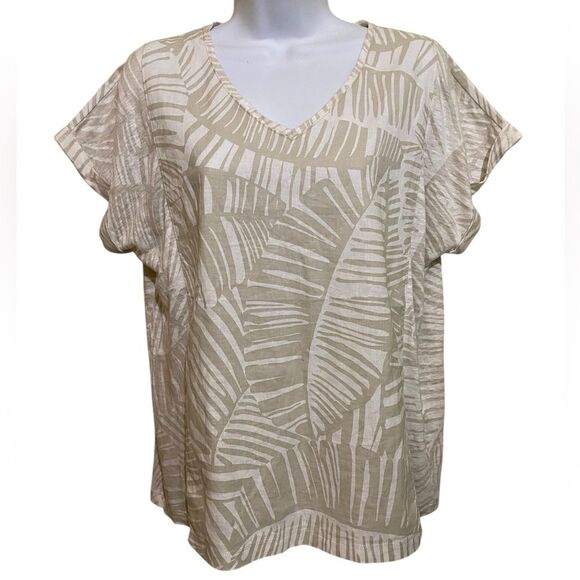 Chico’s Linen Neutral Tropical Palm Print Top Oversized Boxy Semi Sheer Size S/4 - Picture 1 of 9